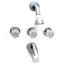 A close up of a shower faucet on a white background.