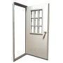 A white door with a window on it on a white background.