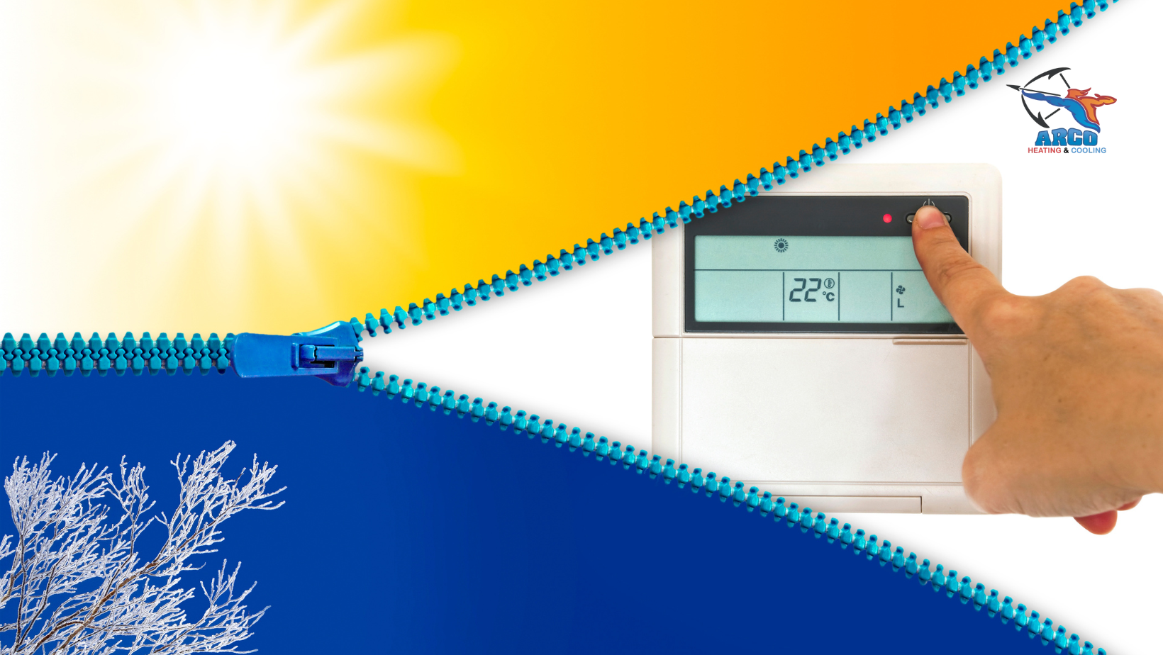A hand adjusting a thermostat, with a zipped illustration showing sunny and snowy scenes, suggesting temperature control.
