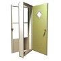 A green door with a window on it is open on a white background.