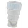 A close up of a plastic hose connector on a white background.