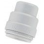 A close up of a white plastic hose connector on a white background.