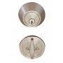 A close up of a stainless steel door lock on a white background.