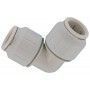 A close up of a hose elbow on a white background.