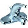 A close up of a chrome faucet on a white background.