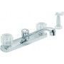 A close up of a bathroom sink faucet on a white background.