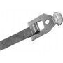 A close up of a metal strap with a screw on it on a white background.