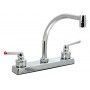 A close up of a kitchen sink faucet on a white background.