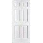 A white door with six panels on a white background.