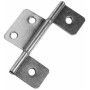 A close up of a stainless steel door hinge on a white background.