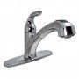 A kitchen sink faucet with a pull out sprayer on a white background.