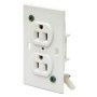 A white electrical outlet with two outlets on a white background.