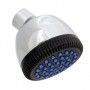 A close up of a shower head on a white background.