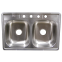 A stainless steel kitchen sink with two sinks on a white background.