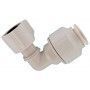 A close up of a pvc elbow on a white background.