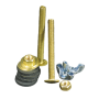 A close up of a brass toilet flush valve on a white background.
