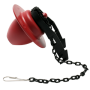 A red toilet flapper with a black chain attached to it.