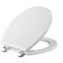 A white toilet seat is sitting on a white surface.