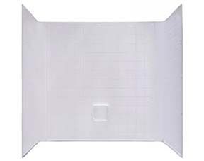 A white shower stall with a door and a drain.