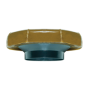 A close up of a brass nut on a white background.