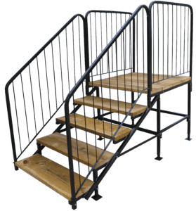 A set of wooden stairs with a metal railing