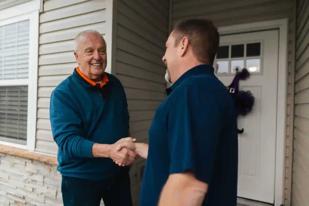 two men shake hands