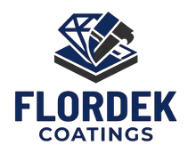 FLORDEK Coatings logo with navy blue stylized diamond and coating icon on white background