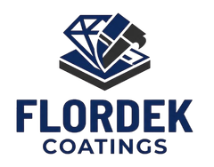 FLORDEK Coatings logo with navy blue stylized diamond and coating icon on white background