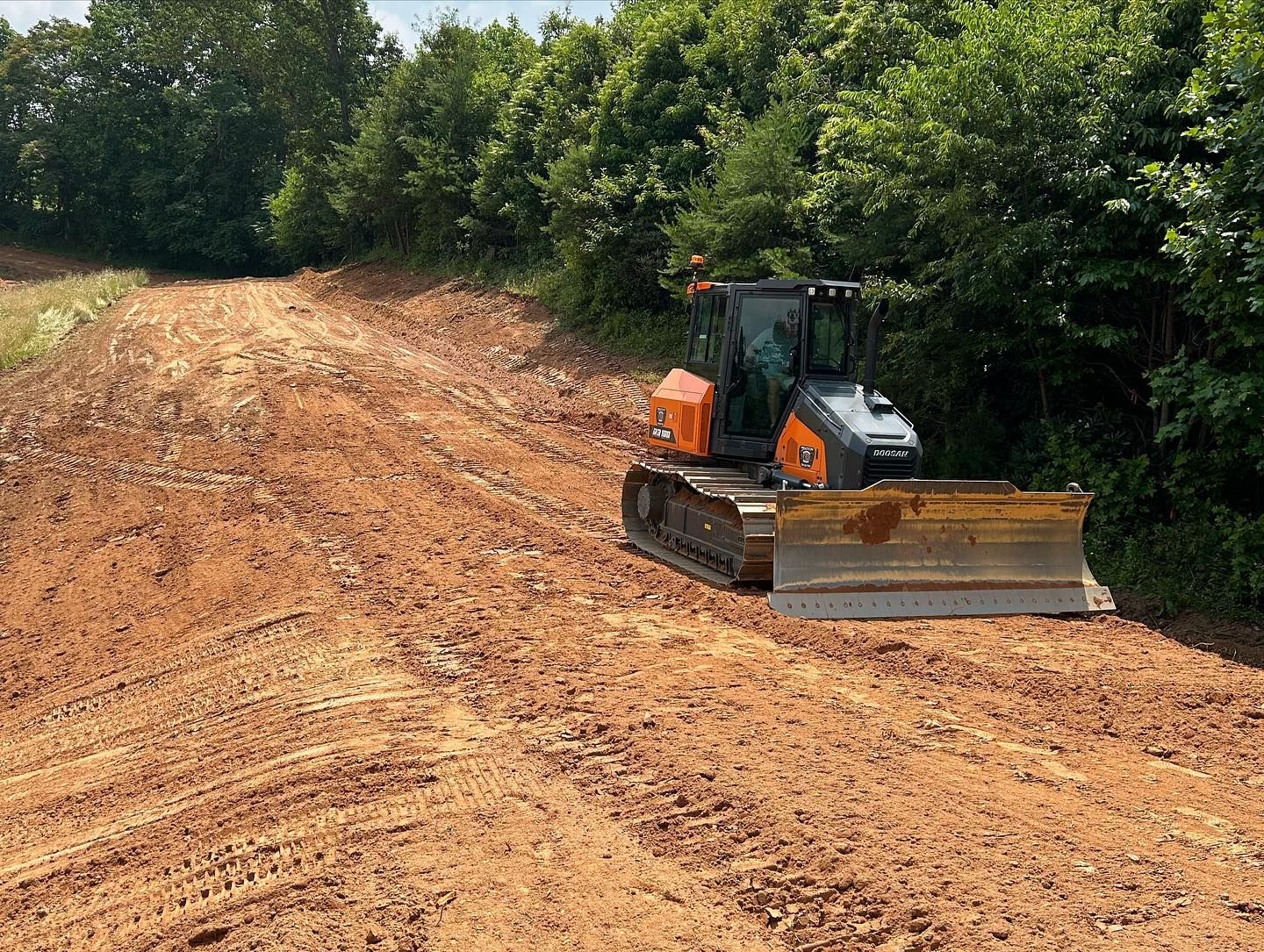 Bulldozer grading a dirt road beside dense green trees