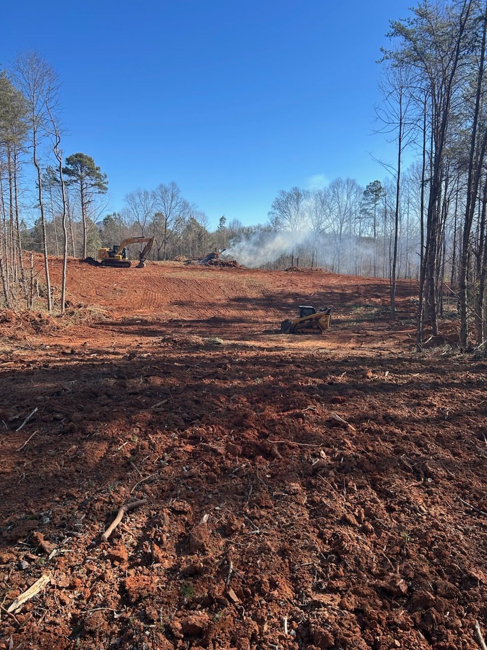 Cleared wooded lot with brown earth, leaf litter, and a small plume of smoke under a blue sky