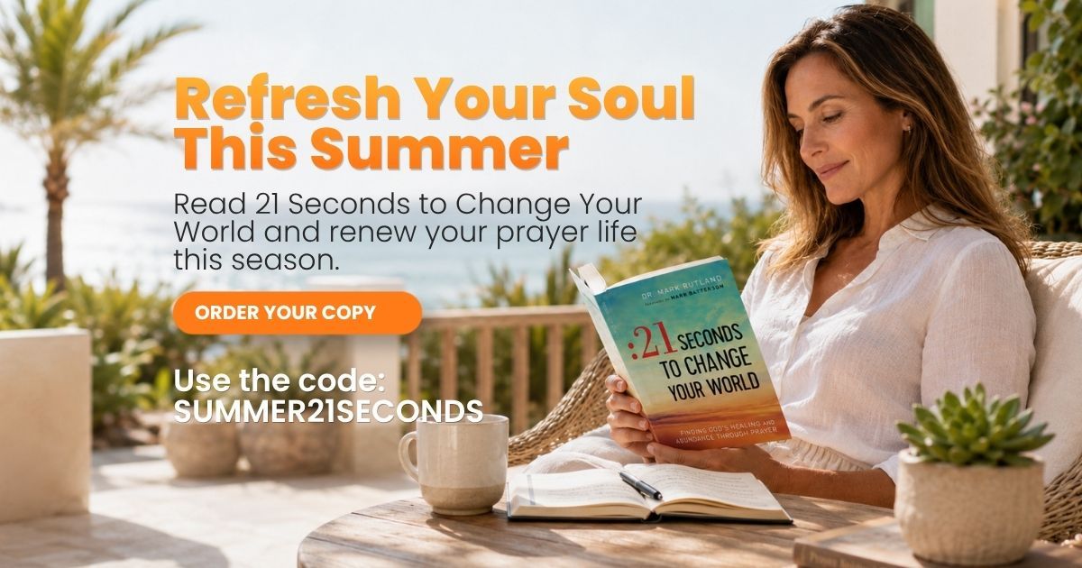 Woman reading on a beach with orange headline text, a coffee cup, and a summer retreat promo.
