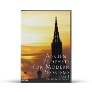 DVD case: "Ancient Prophets for Modern Problems, Part I" with a church silhouette against a sunset.