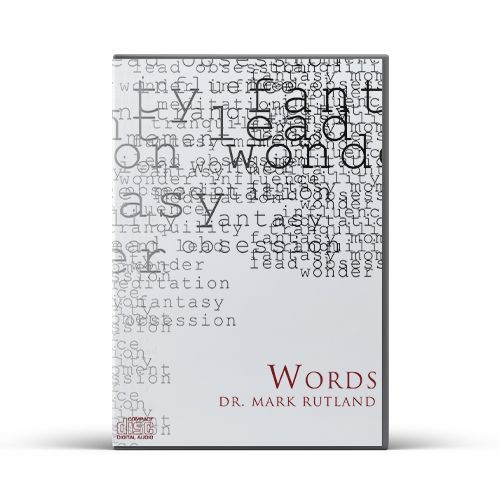Book cover with title "Words" by Dr. Mark Rutland. White background, text collage, red title text.