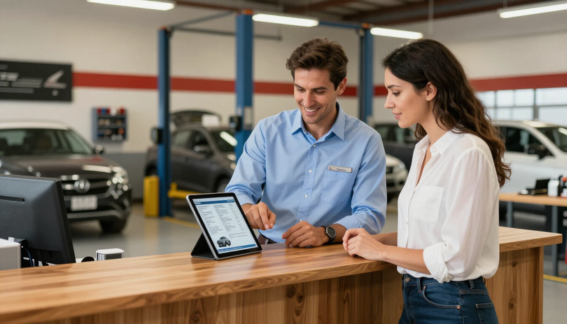 Service advisor reviewing digital inspection report with customer