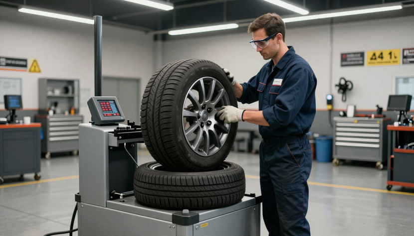 Technician using wheel balancing machine