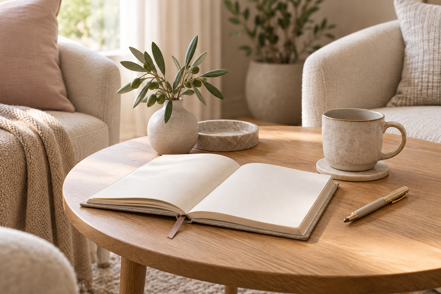 Open journal on a table between two welcoming chairs