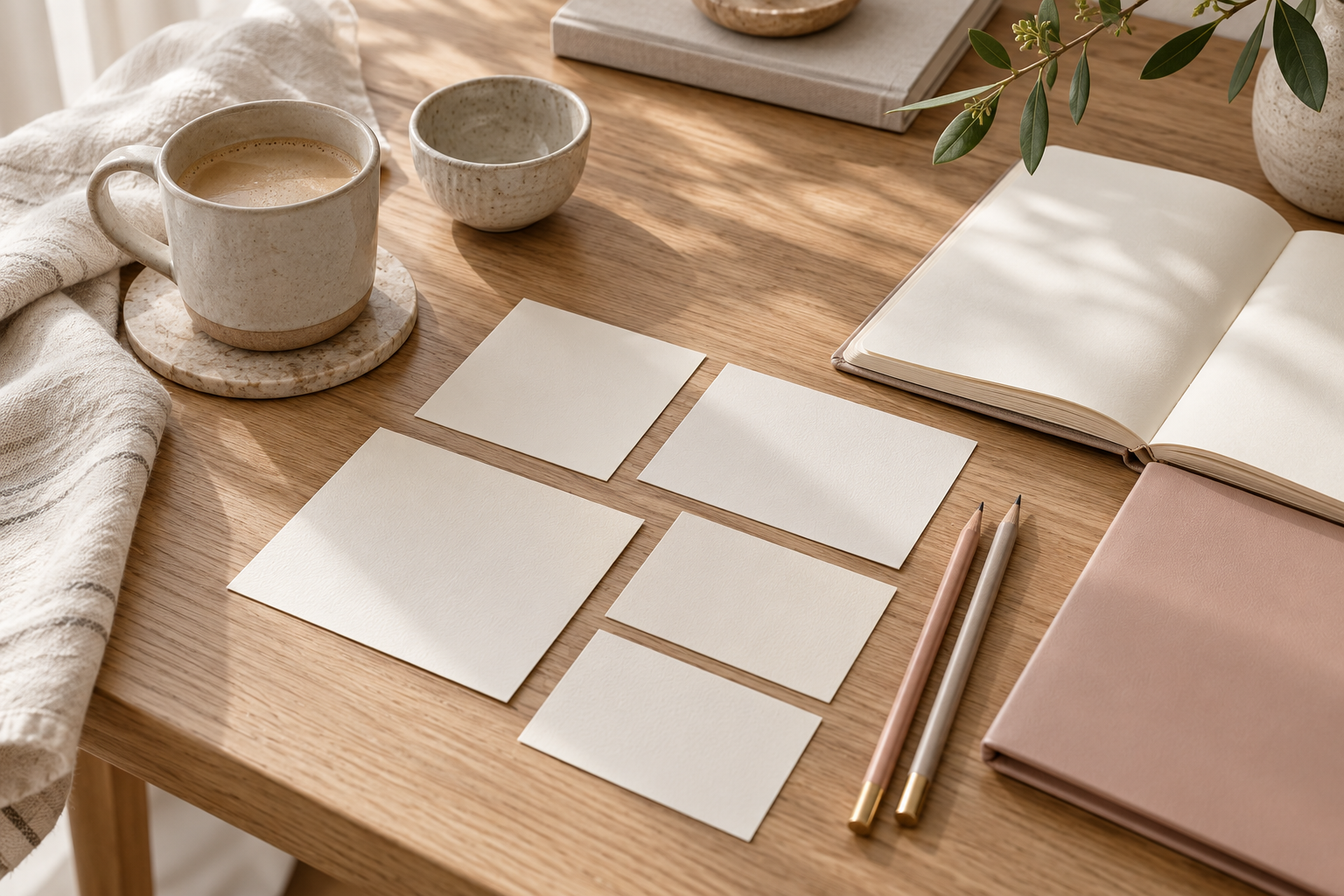 Planning cards, notebooks and pencils on a warm oak table