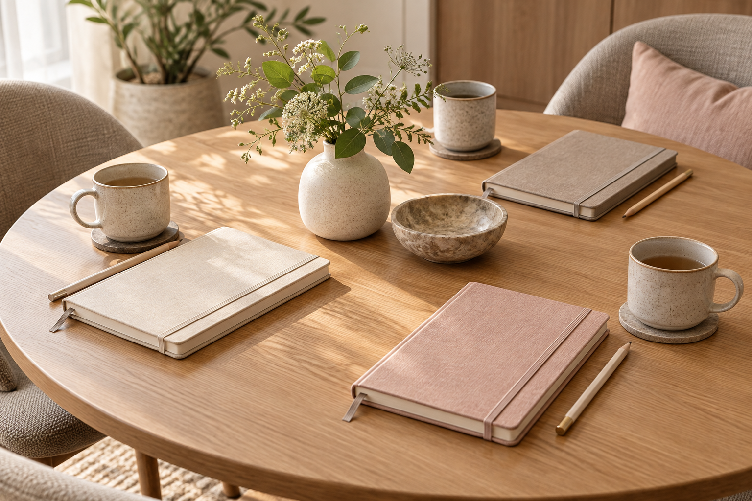 Notebooks arranged around a shared learning table