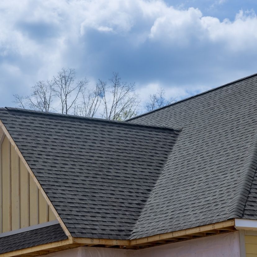 Weathered shingled roof with a central brick chimney and white dormer against tall green trees