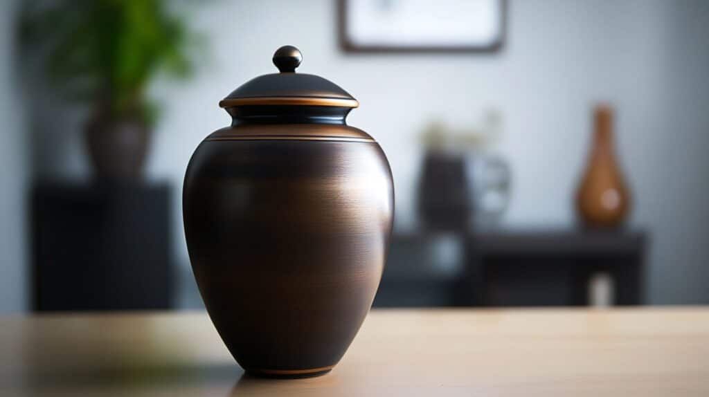A black urn is sitting on a wooden table in a living room.