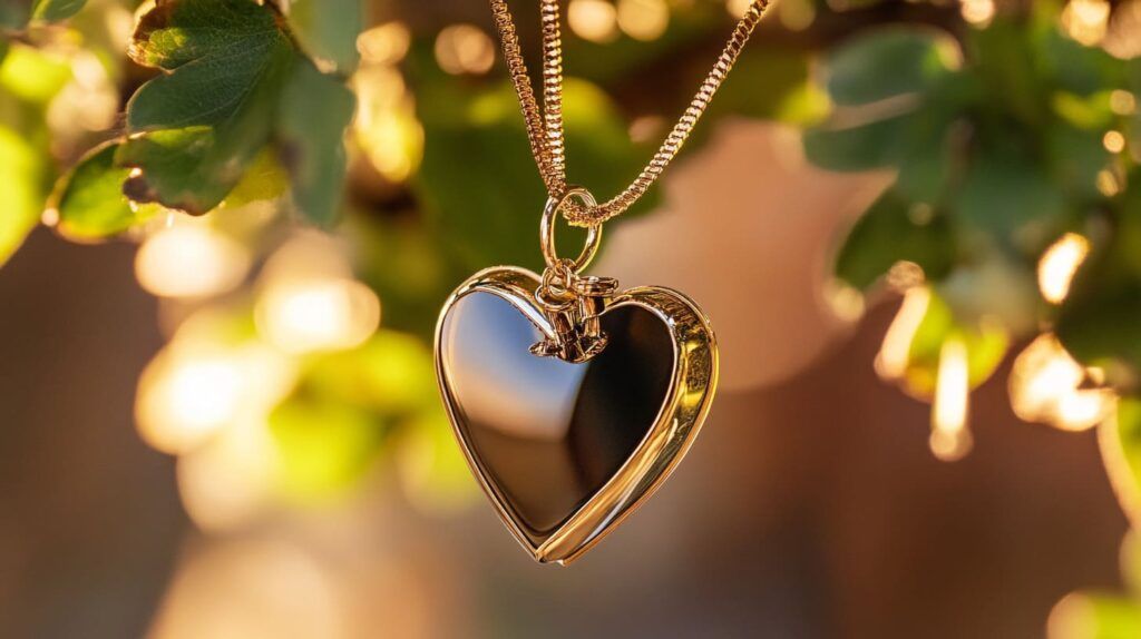 A heart shaped necklace is hanging from a tree branch.