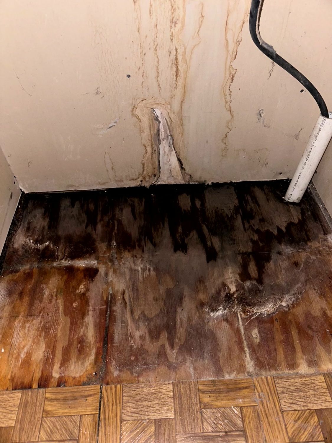 Water damage on a wall and subfloor, showing dark staining, wood rot, and a white pipe near a parquet floor.