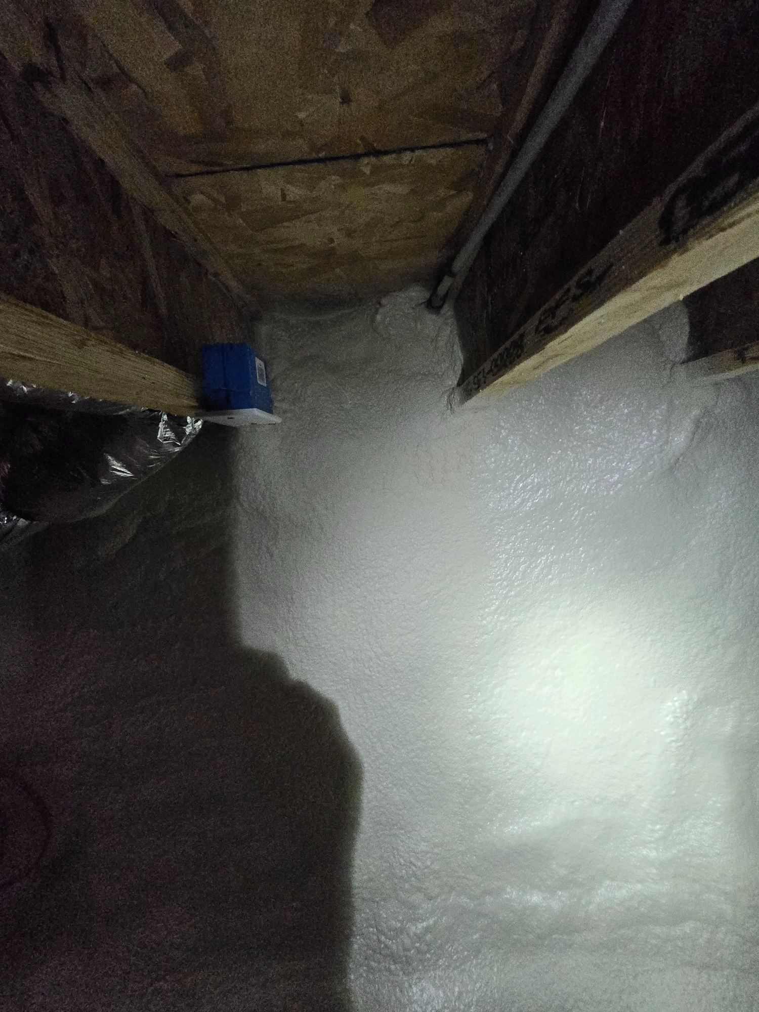 Dim basement floor with a bright flashlight beam, wooden beams overhead, and a blue bucket in the corner