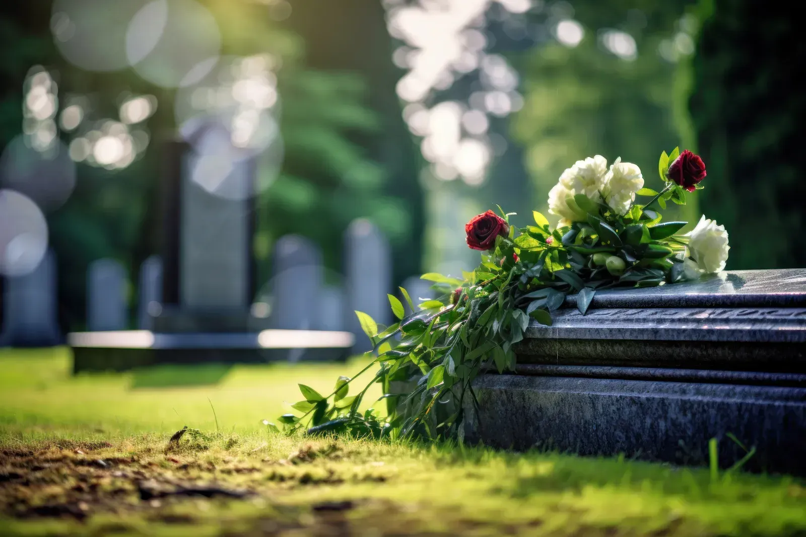 Flowers resting on a dark granite grave marker in a sunlit cemetery, with blurred headstones and trees behind.
