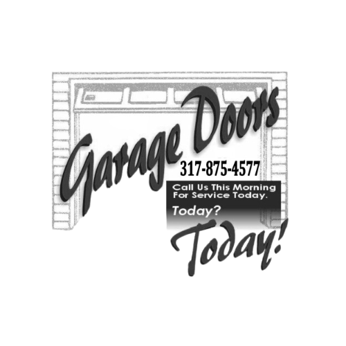 The logo for garage doors is black and white and says call us this morning for service today.