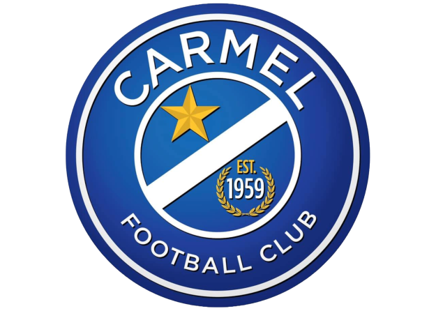 A blue and white logo for carmel football club