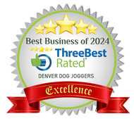 a seal that says best business of 2024 three best rated denver dog joggers excellence