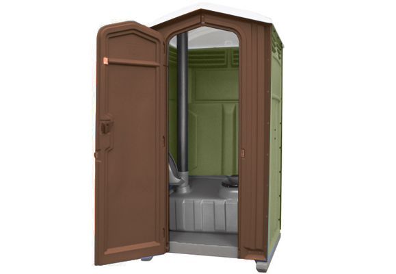 Brown and green portable toilet, door open, interior visible.