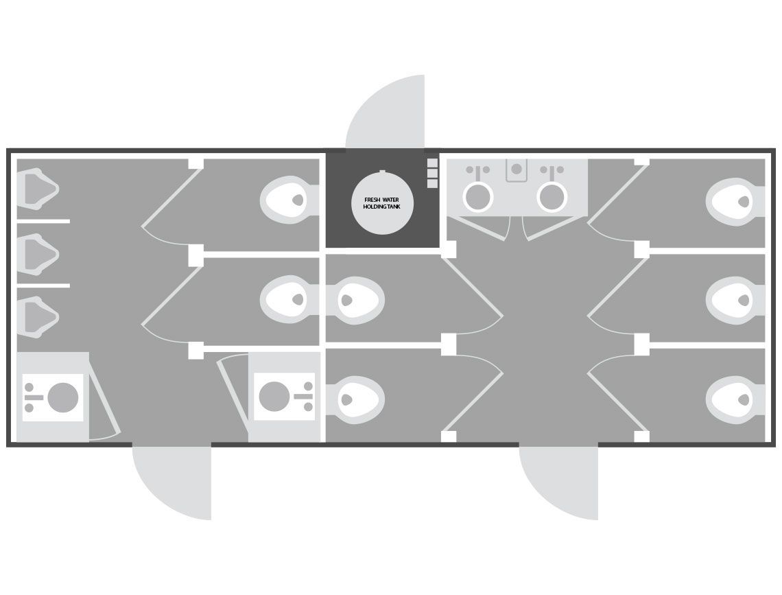 Top-down view of a rectangular public restroom layout with multiple stalls, sinks, and doors.