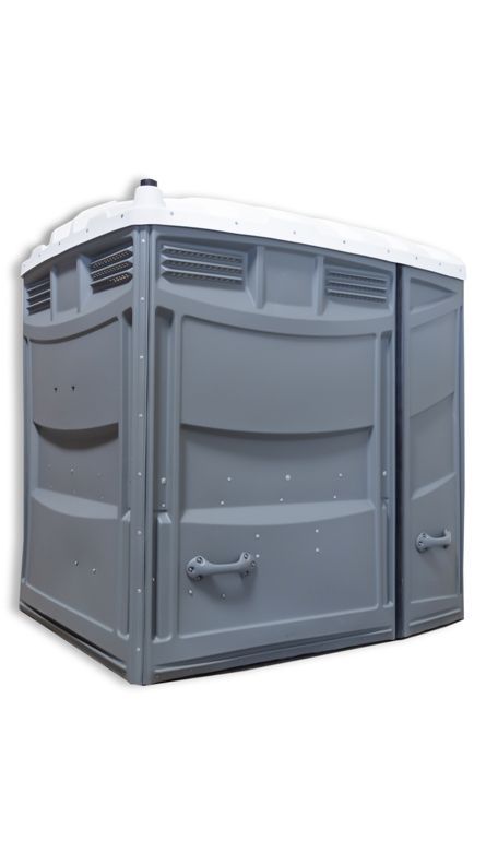 Gray portable toilet with a white roof.